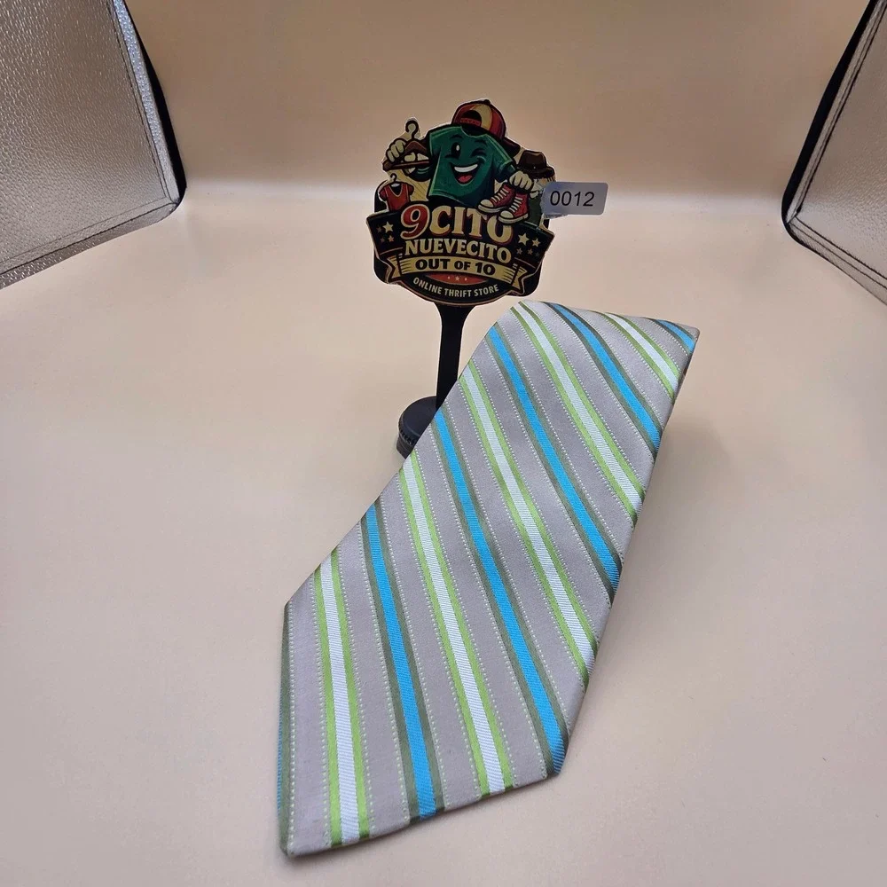 Kuhlman Mens Silk Tie Handmade in Italy Tan Blue Green White Striped Necktie